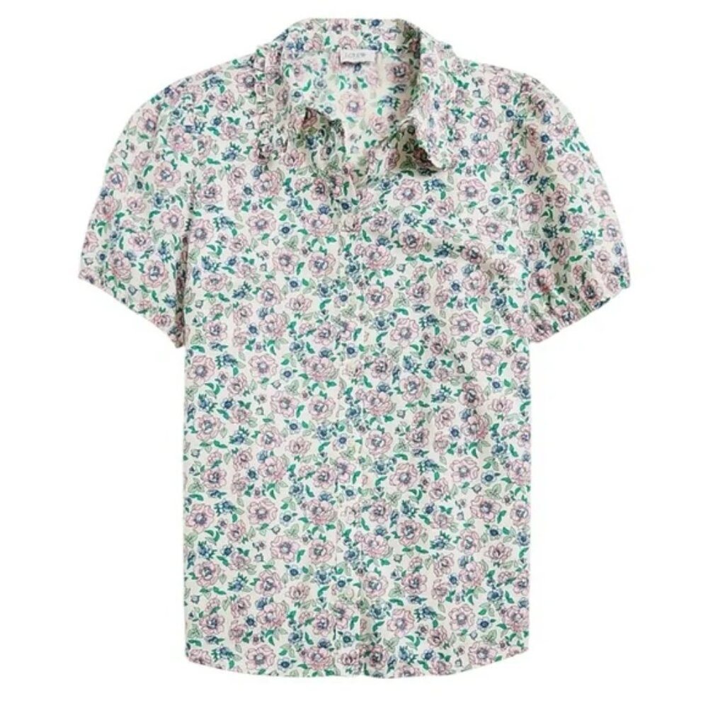 J. Crew Factory Floral Printed Puff-Sleeve Ruffle-Collar Button Down M